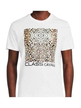 Class Roberto Cavalli NWT Men's White Leopard Graphic Tee Shirt, Size Large